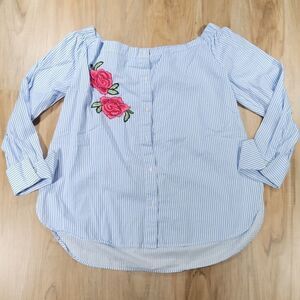 🔹️Japna Blue & White Striped Off-Shoulder Top Large